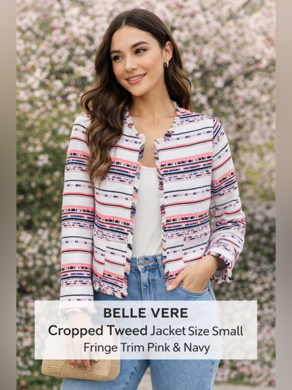 Belle Vere Cropped Tweed Jacket Size Small Fringe Trim Pink & Navy